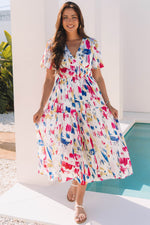 Abstract Print Short Puff Sleeve Tiered Maxi Dress White 100%Polyester