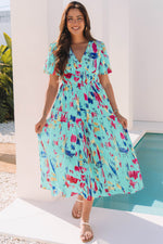 Abstract Print Short Puff Sleeve Tiered Maxi Dress Green 100%Polyester
