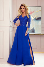 Numoco Amber Long Maxi Occasion Lace Top Long Sleeve Thigh Slit Dress blue