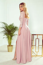 Numoco Amber Long Maxi Occasion Lace Top Long Sleeve Thigh Slit Dress