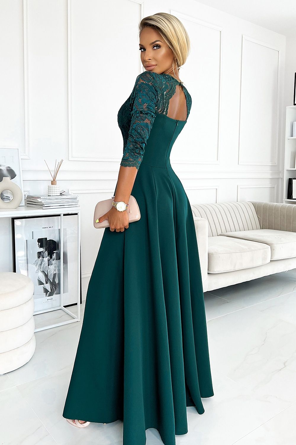 Numoco Amber Long Maxi Occasion Lace Top Long Sleeve Thigh Slit Dress