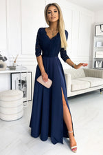 Numoco Amber Long Maxi Occasion Lace Top Long Sleeve Thigh Slit Dress navy blue
