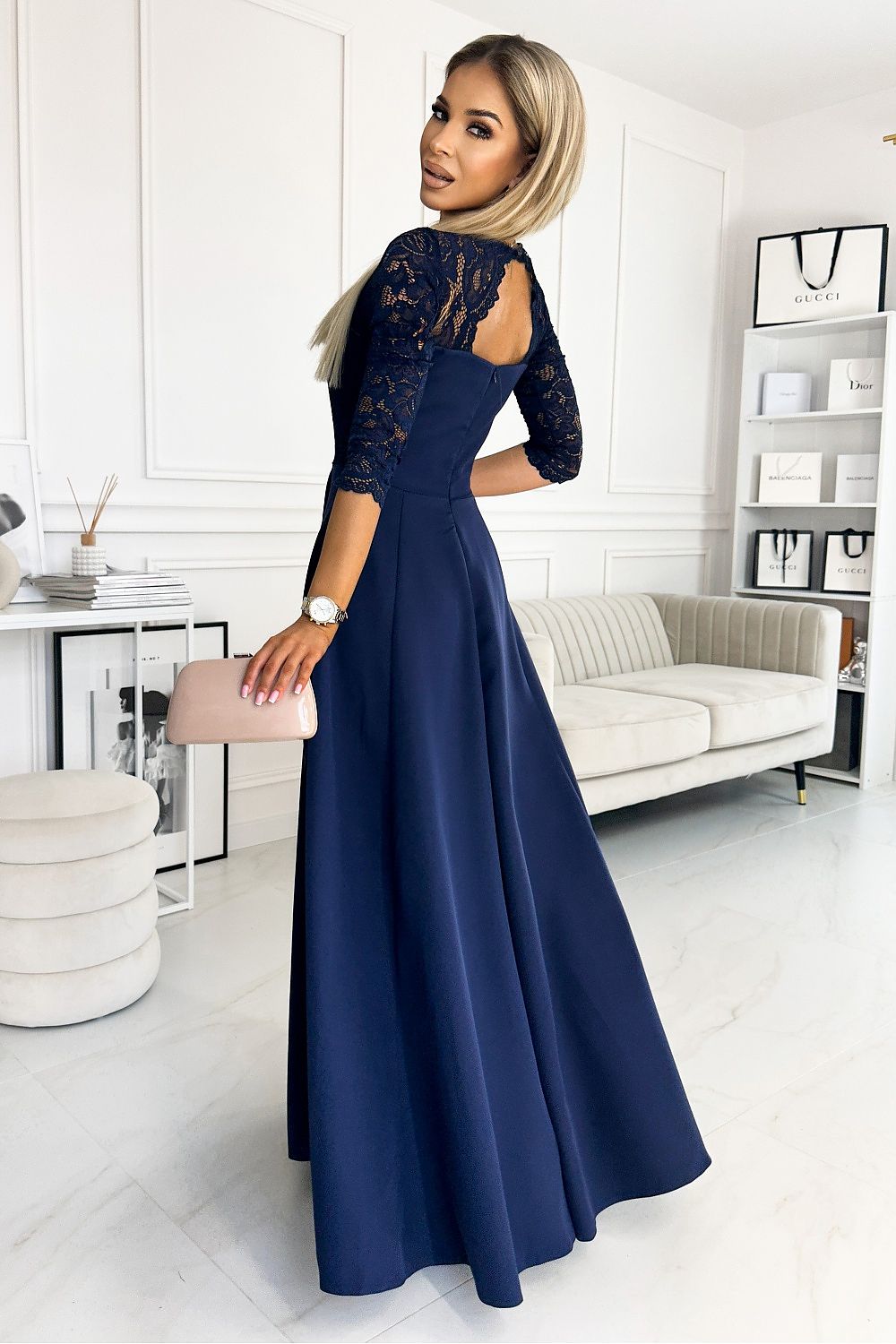 Numoco Amber Long Maxi Occasion Lace Top Long Sleeve Thigh Slit Dress