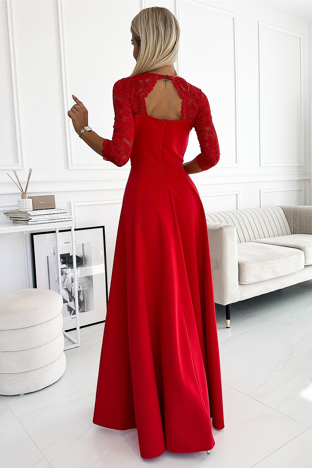 Numoco Amber Long Maxi Occasion Lace Top Long Sleeve Thigh Slit Dress