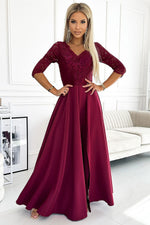 Numoco Amber Long Maxi Occasion Lace Top Long Sleeve Thigh Slit Dress red 2