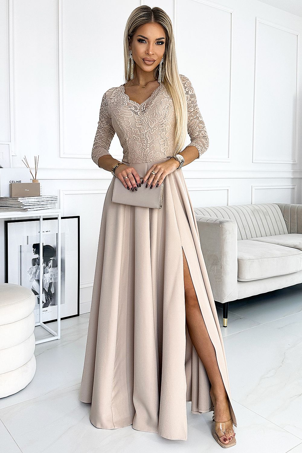 Numoco Amber Long Maxi Occasion Lace Top Long Sleeve Thigh Slit Dress beige