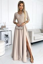 Numoco Amber Long Maxi Occasion Lace Top Long Sleeve Thigh Slit Dress beige