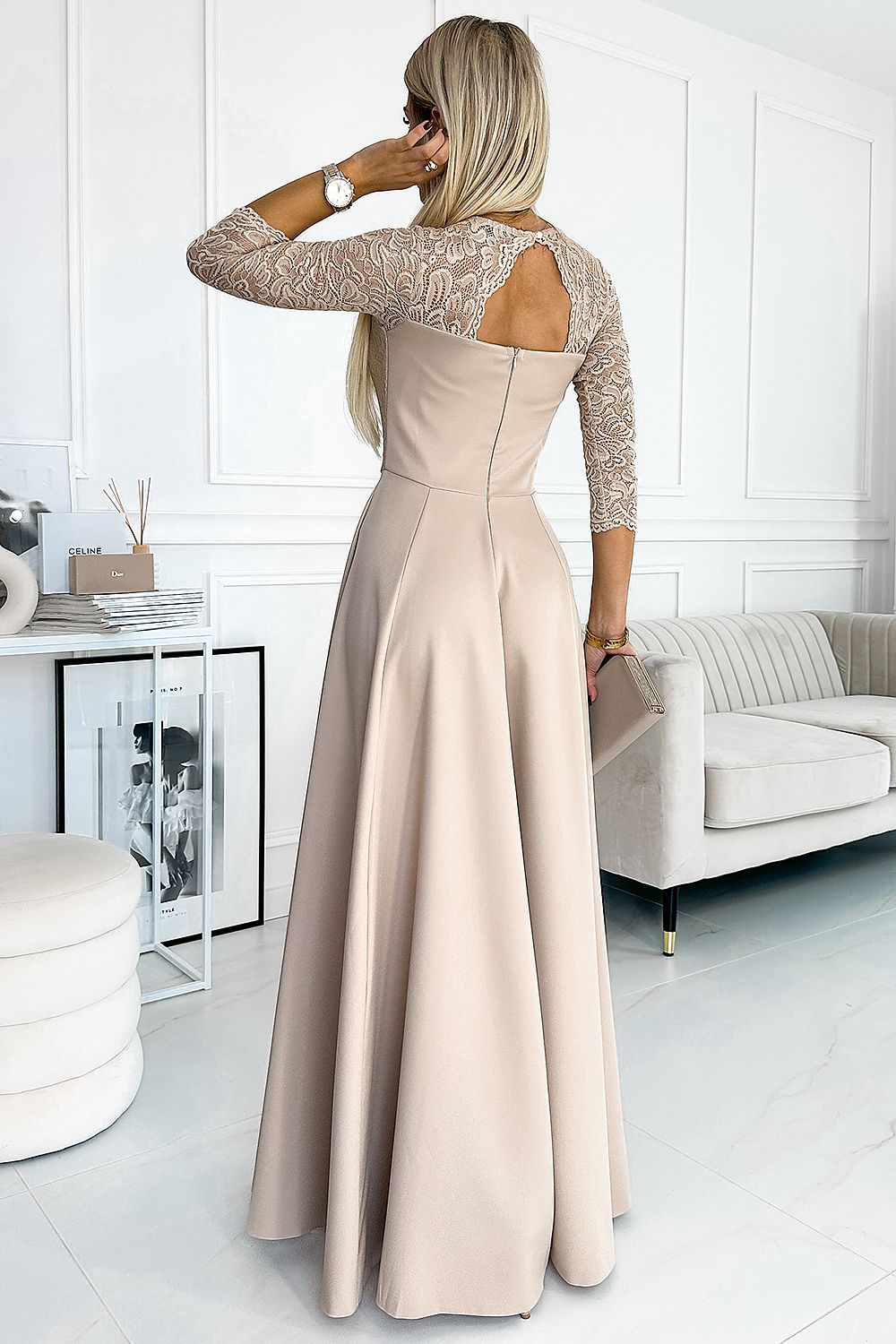 Numoco Amber Long Maxi Occasion Lace Top Long Sleeve Thigh Slit Dress