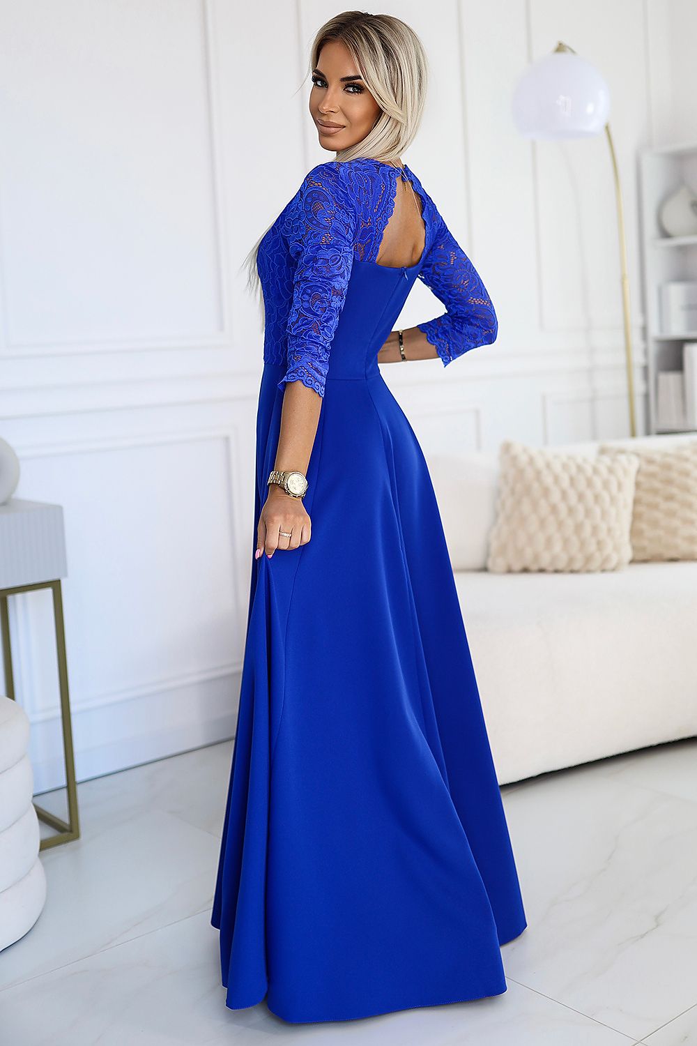Numoco Amber Long Maxi Occasion Lace Top Long Sleeve Thigh Slit Dress