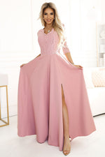 Numoco Amber Long Maxi Occasion Lace Top Long Sleeve Thigh Slit Dress