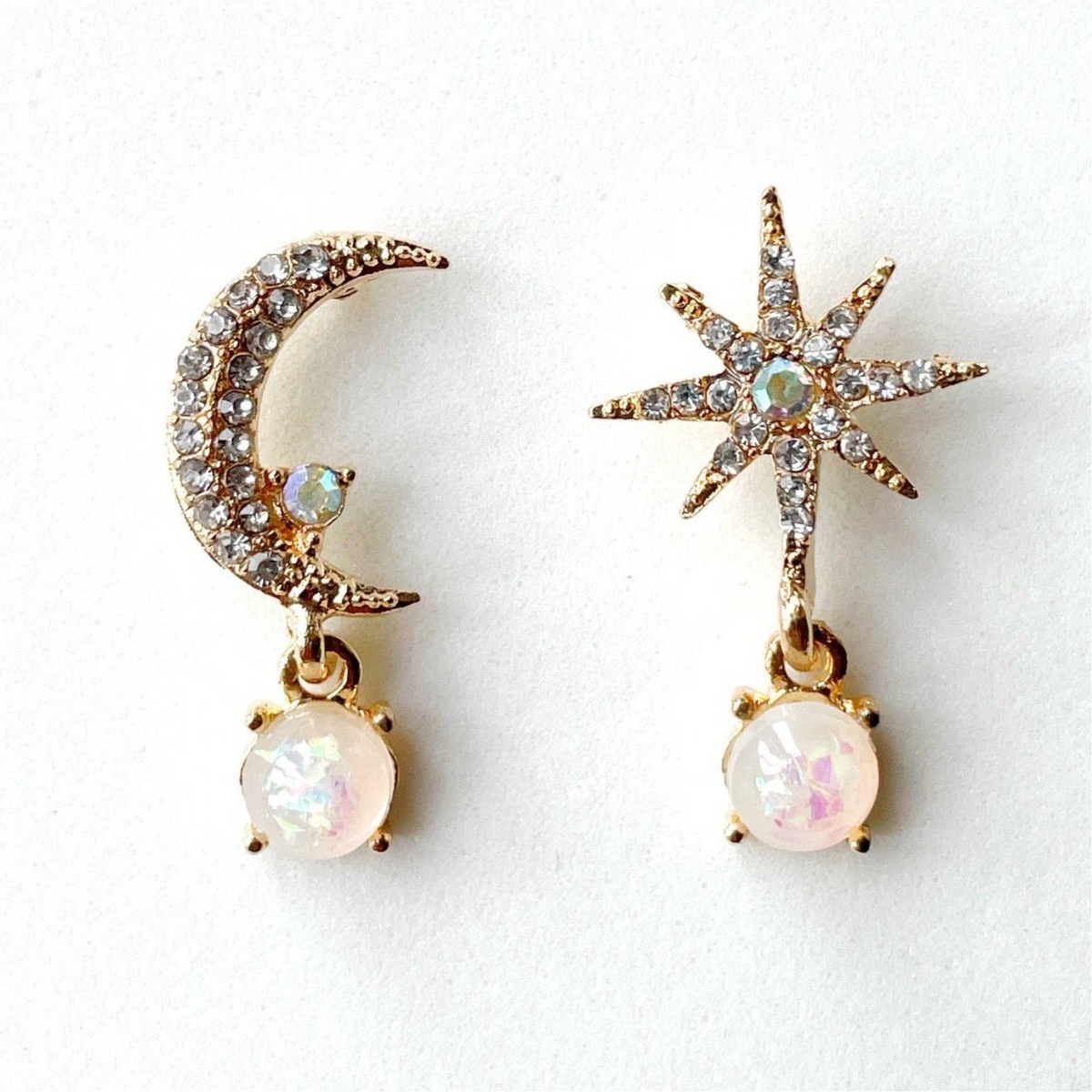 Andromeda Moon and Star Gemstone Mismatched Drop Earrings