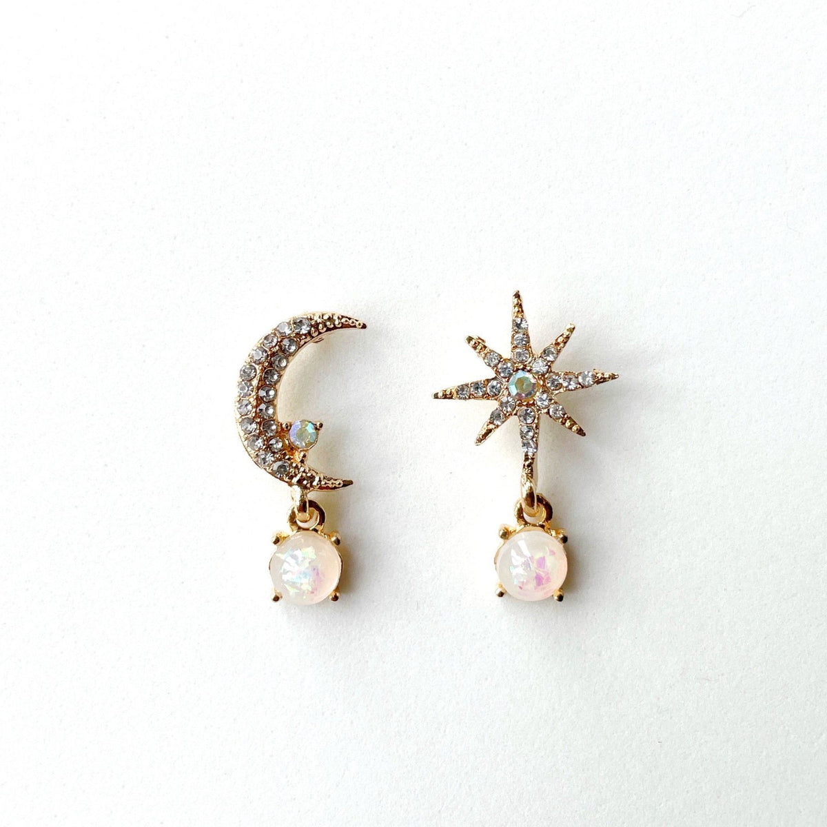 Andromeda Moon and Star Gemstone Mismatched Drop Earrings