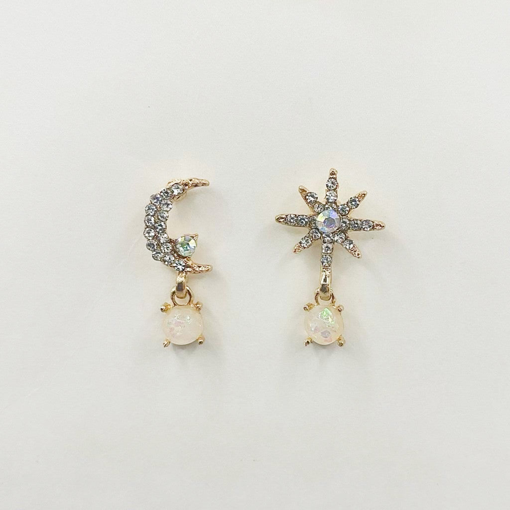 Andromeda Moon and Star Gemstone Mismatched Drop Earrings