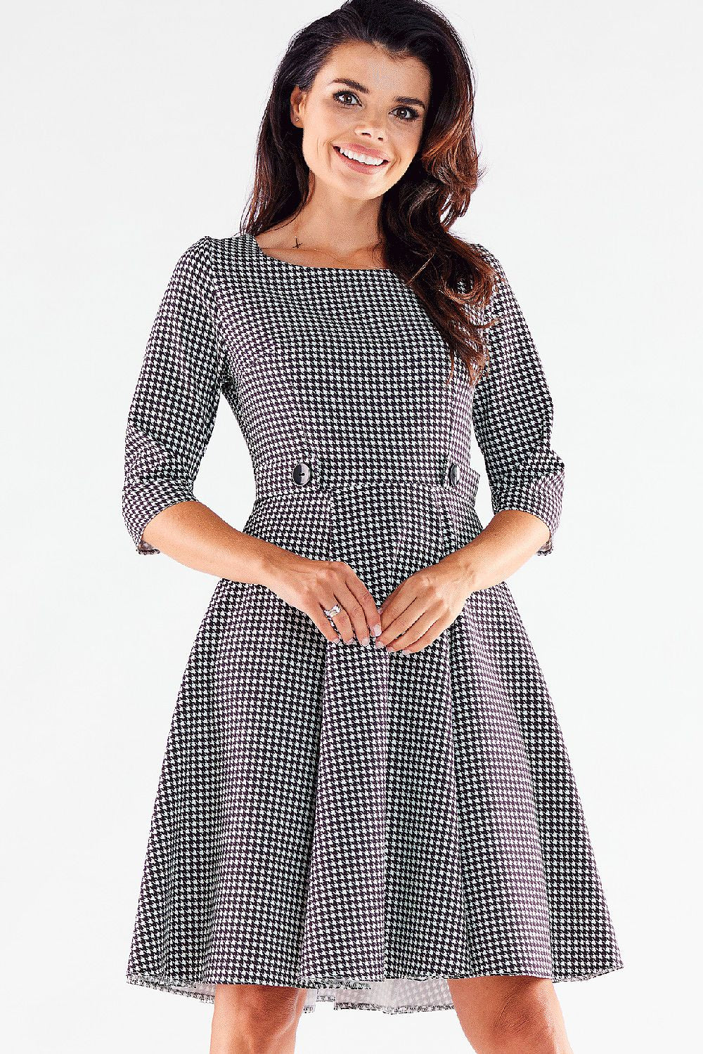 Awama Blushed Short-Sleeve Flared Daydress with Decorative Buttons black