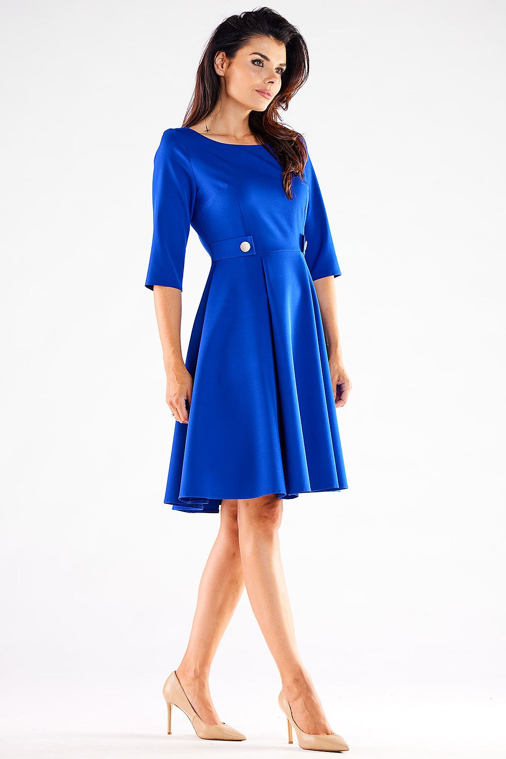 Awama Blushed Short-Sleeve Flared Daydress with Decorative Buttons
