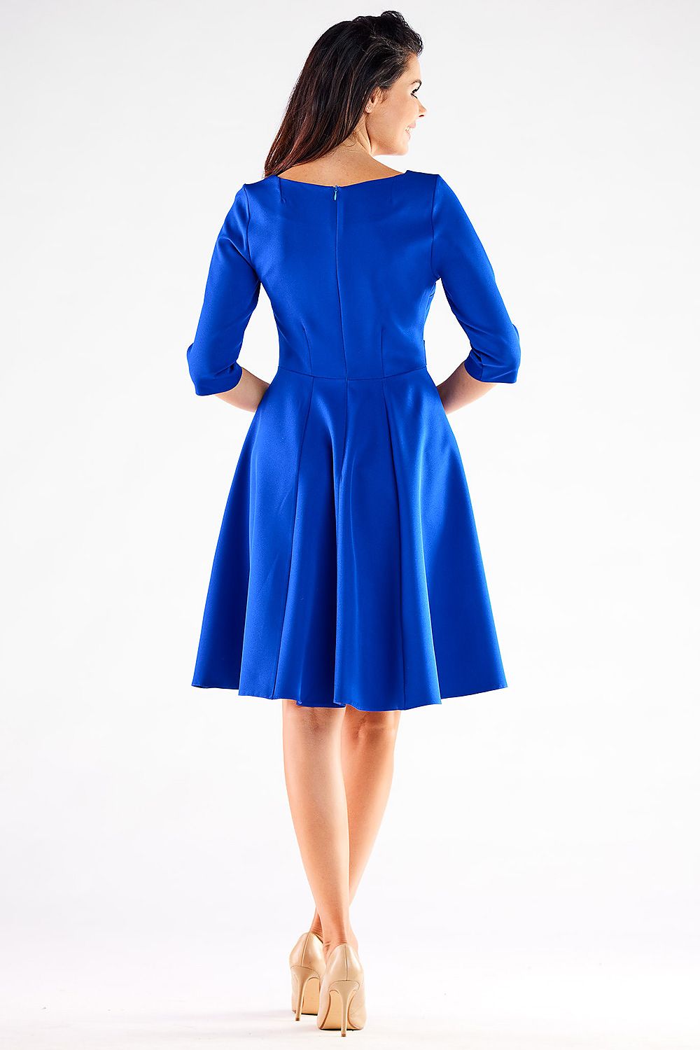Awama Blushed Short-Sleeve Flared Daydress with Decorative Buttons