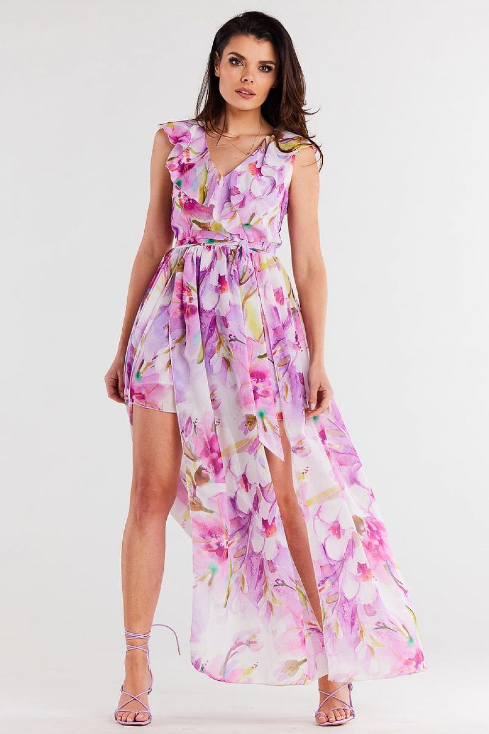 Awama Chiffon Daydress with Envelope Ruffle and Asymmetrical Slit Design multicolor
