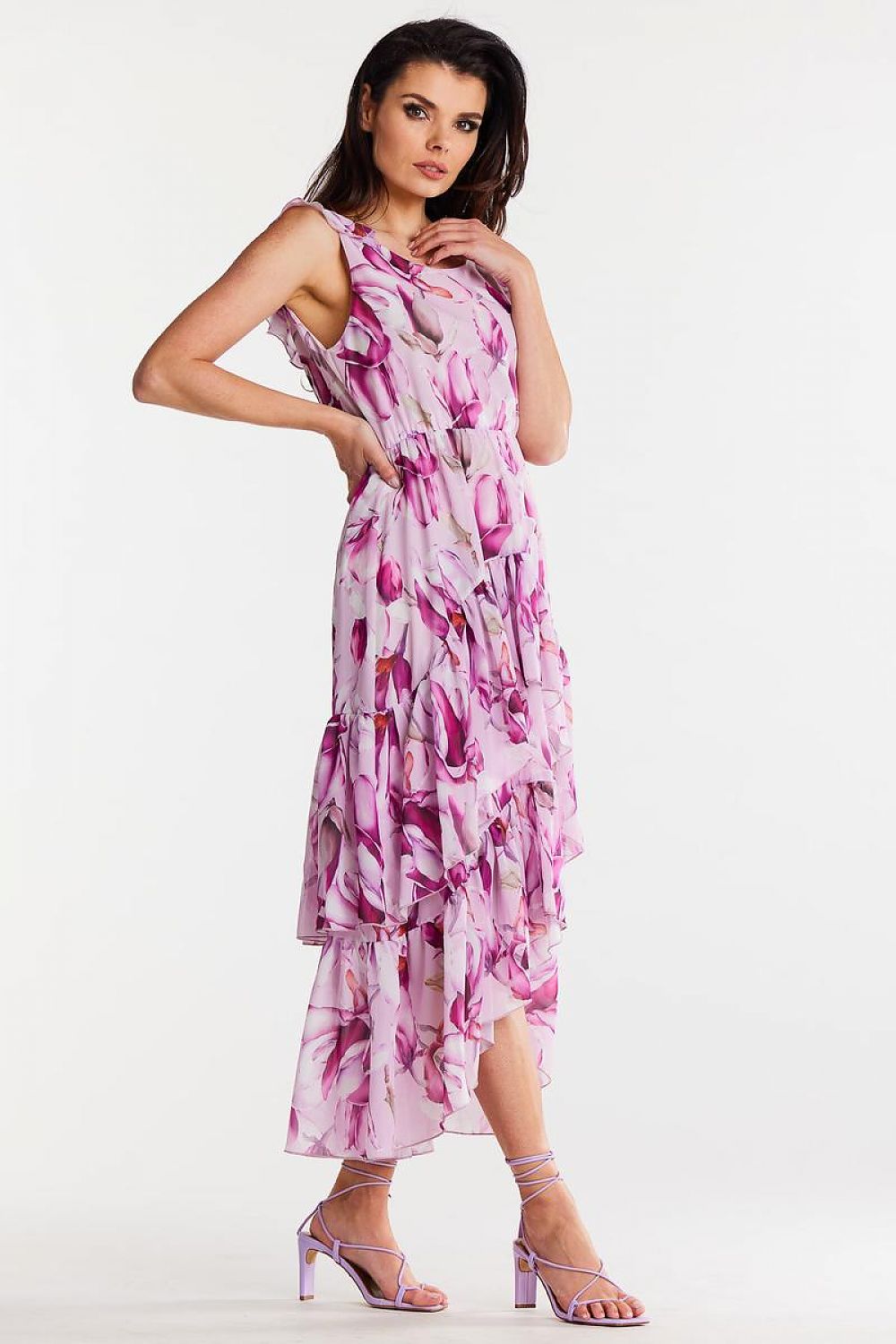 Awama Chiffon Ruffle Asymmetrical Mini Dress with Elastic Waist