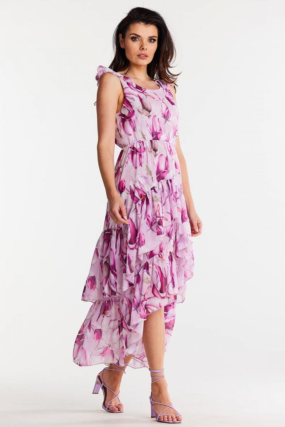 Awama Chiffon Ruffle Asymmetrical Mini Dress with Elastic Waist