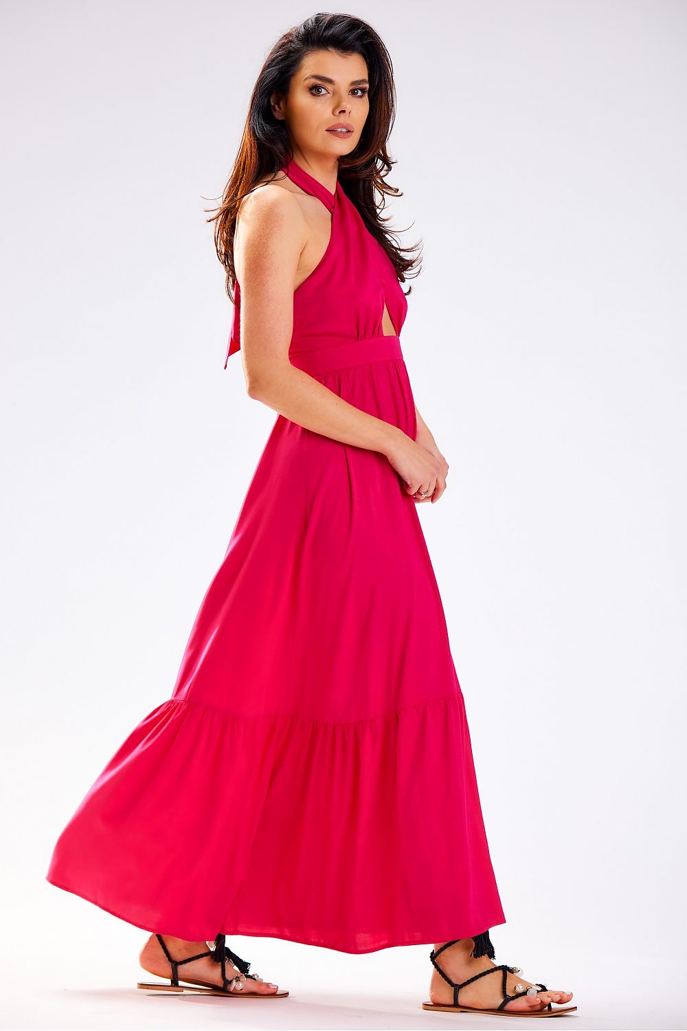 Awama Viscose Tie-Neck Long Daydress with Frilled Hem