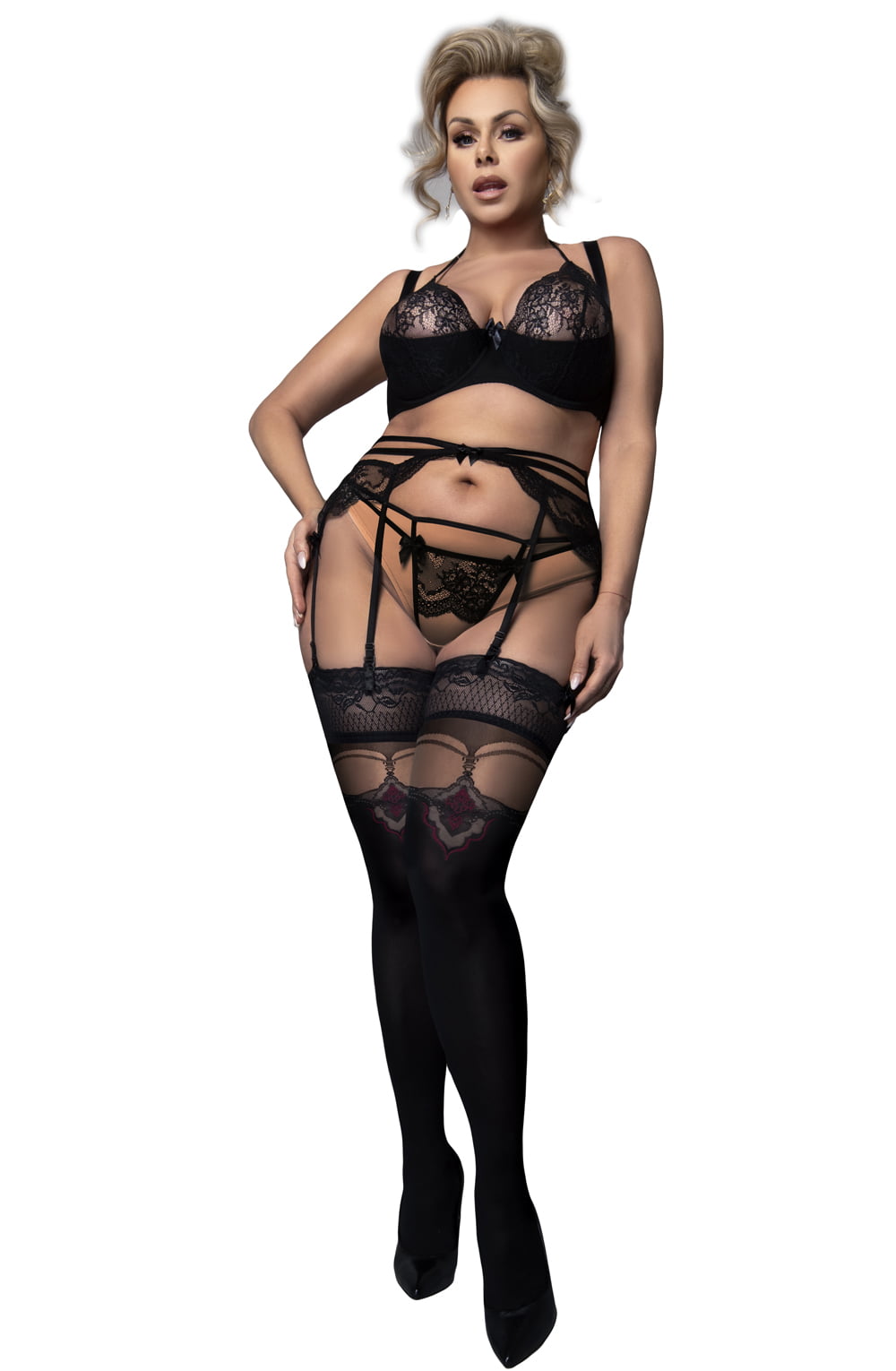 Ballerina Plus Size Black Hold Ups with Faux Suspender & Red Detail