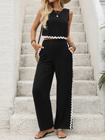 Black and white Contrast Stitching Sleeveless Vest Trousers Two-piece Co-ord Set Black