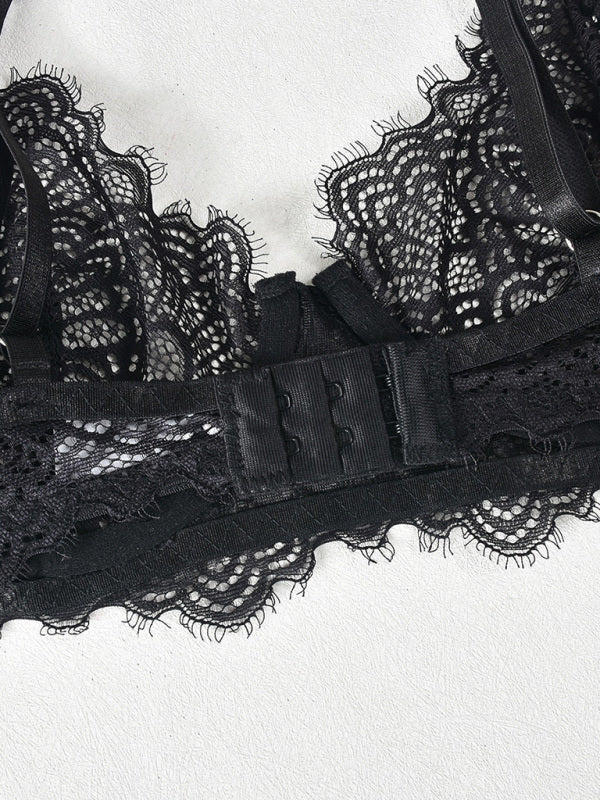 Black Lace Metal O Ring Three-piece Lingerie Set