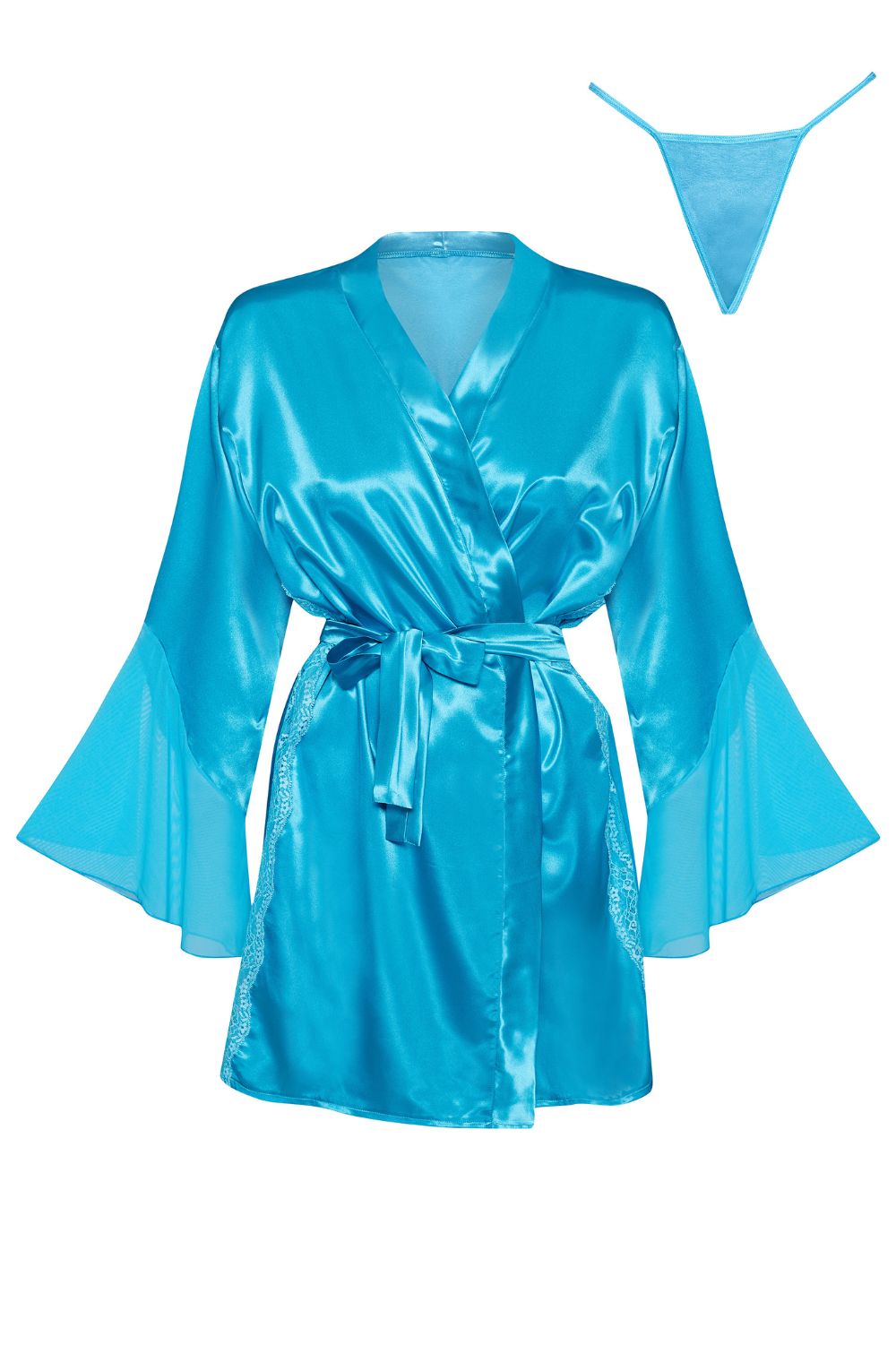Beauty Night Marlene Satin Flared Sleeve Lace Insert Peignoir Turquoise