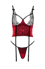 Beauty Night Olena Satin Underwire Back Lace Up Black & Red Corset with Panties Lingerie Set