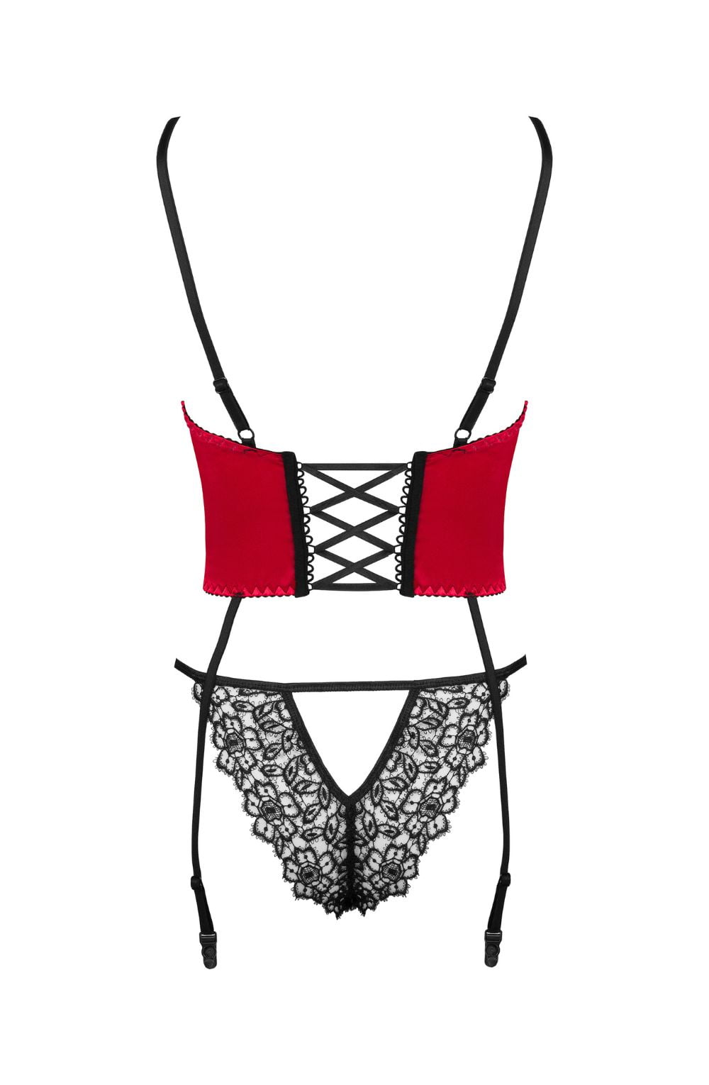 Beauty Night Olena Satin Underwire Back Lace Up Black & Red Corset with Panties Lingerie Set