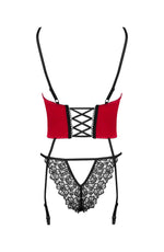 Beauty Night Olena Satin Underwire Back Lace Up Black & Red Corset with Panties Lingerie Set