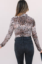 Brown Leopard Print Smocked Neck Mesh Long Sleeve Bodysuit