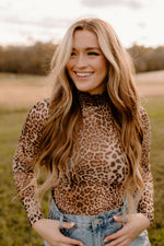 Brown Leopard Print Smocked Neck Mesh Long Sleeve Bodysuit
