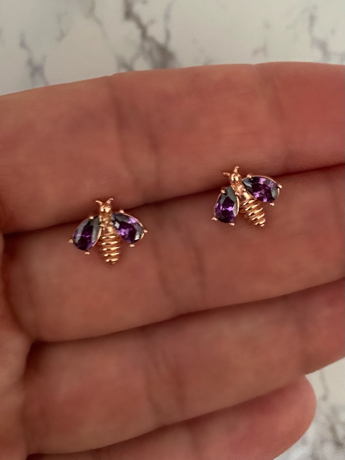 Rose Gold Plated Busy Bee Stud Earrings Purple Bees