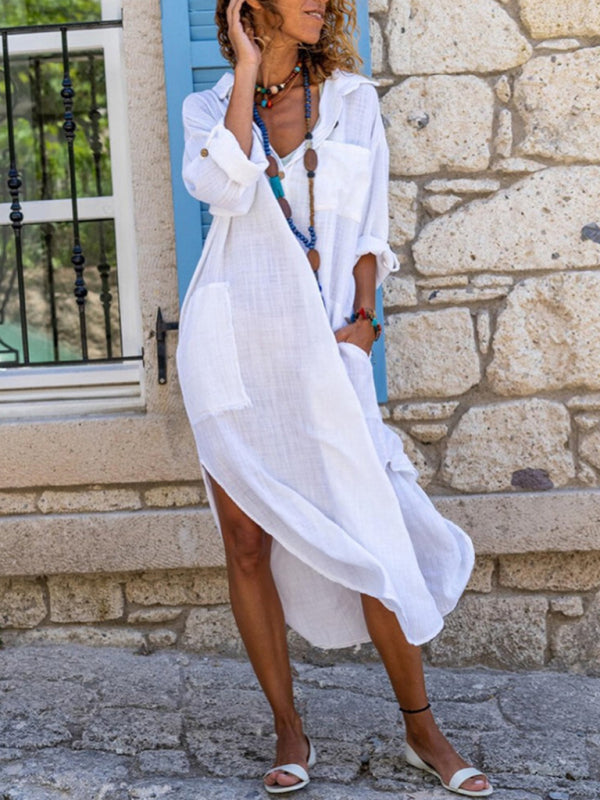 Buttoned Side Slit Loose Breathable Casual Long Shirt Dress Beach Cover Up White