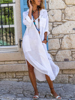 Buttoned Side Slit Loose Breathable Casual Long Shirt Dress Beach Cover Up White