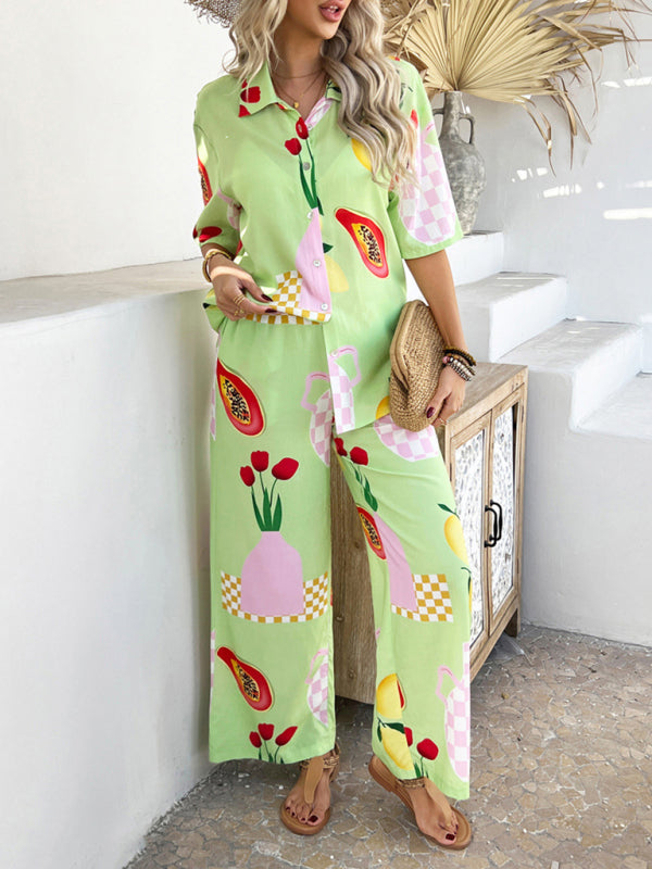 Casual Boho Holiday Style Contrast Print Wide Leg Trouser & Top Co-ord Set
