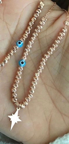 Charm Necklace with Silver Beads Evil Eye Talisman and Charms Rose Gold Plated Silver with morning star