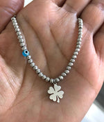 Charm Necklace with Silver Beads Evil Eye Talisman and Charms Silver with clover