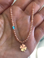 Charm Necklace with Silver Beads Evil Eye Talisman and Charms Rose Gold Plated Silver with clover