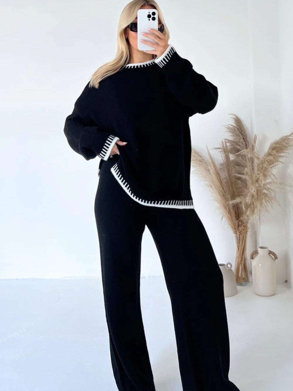 Corinne Casual Loose Two-piece Loungewear Set Black