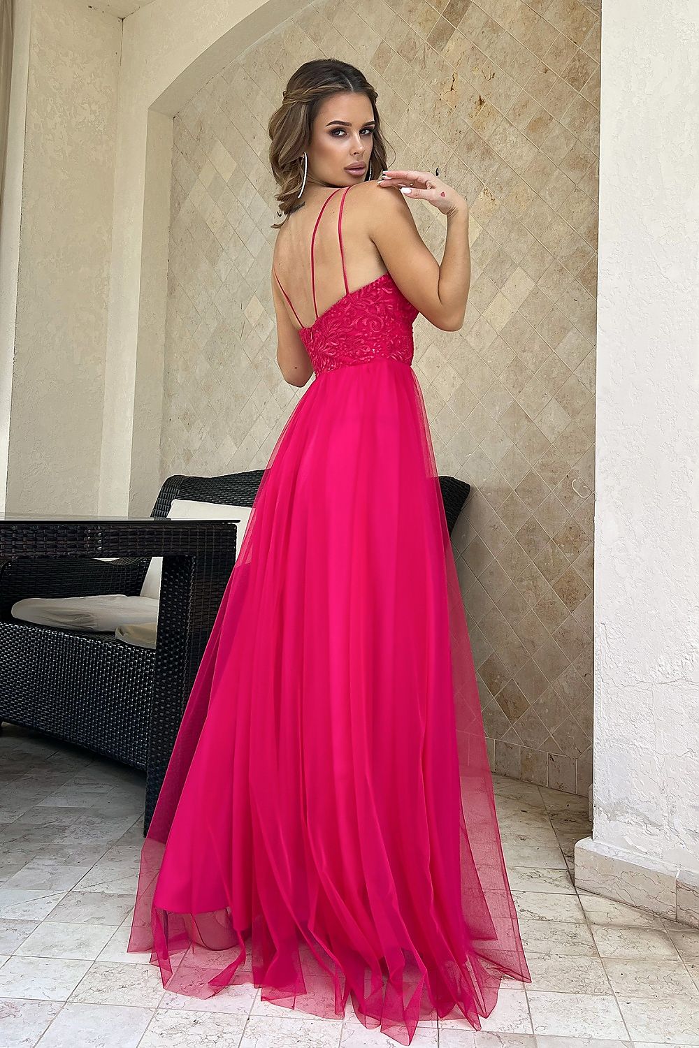 Bicotone Lace Heart-Neck Flared Belted Maxi Dress
