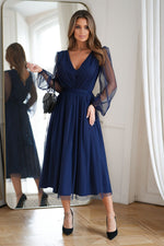 Bicotone Midi Mesh Sleeve Layered Evening Dress
