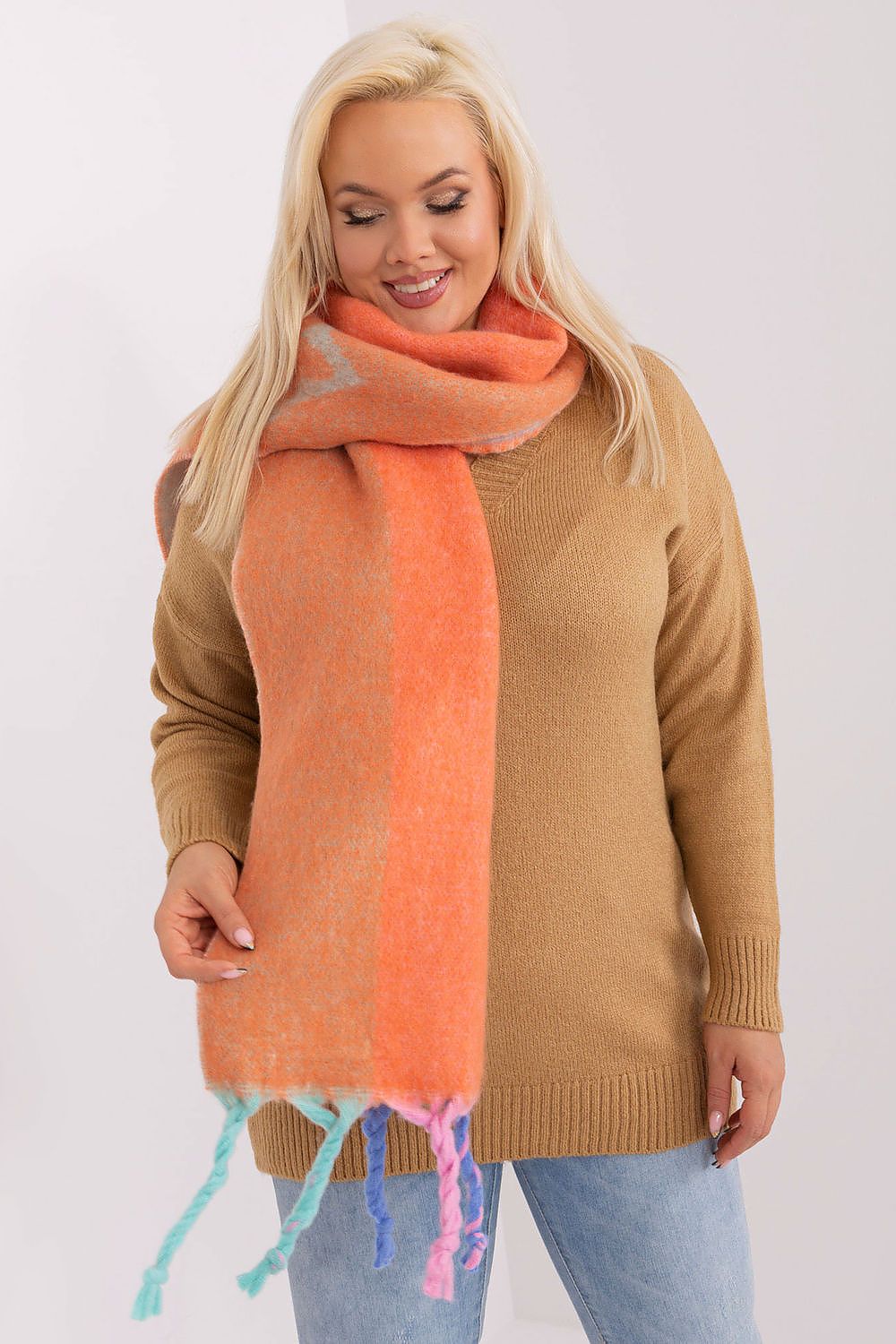 AT Striped Tassel Winter Shawl Scarf orange one-size-fits-all