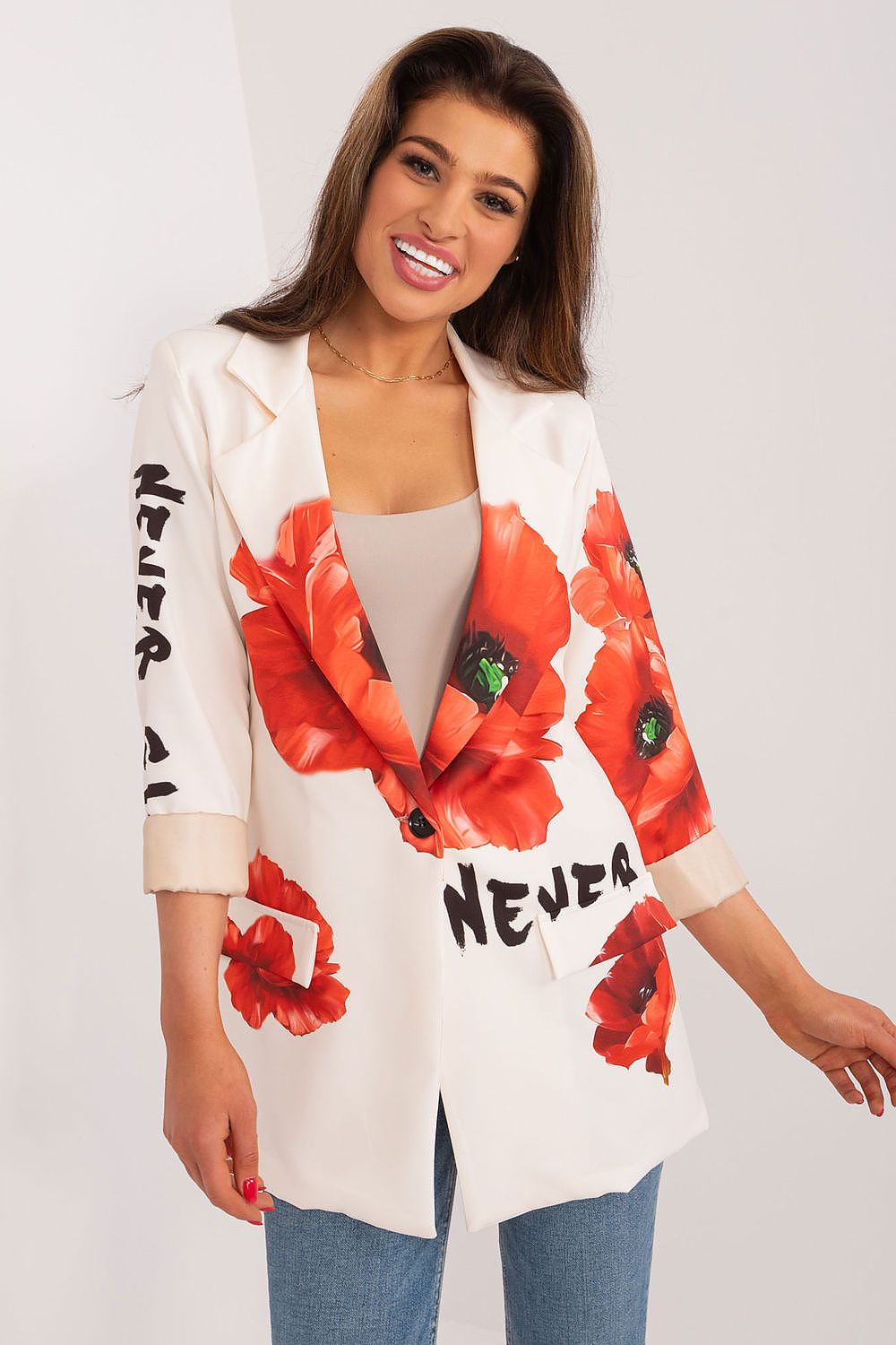 Floral Jacket Italy Moda Denim-Look Blazer beige 2 one-size-fits-all