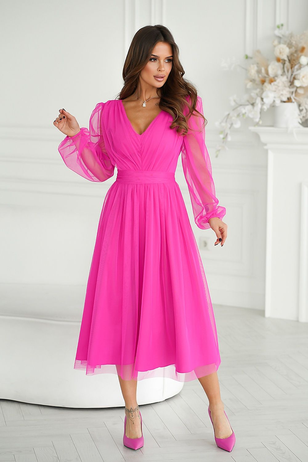 Bicotone Midi Mesh Sleeve Layered Evening Dress