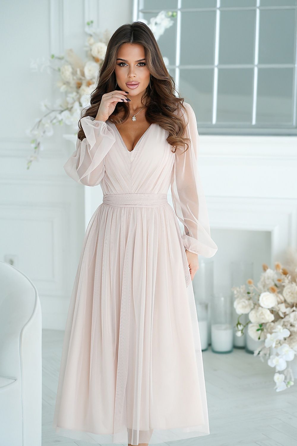 Bicotone Midi Mesh Sleeve Layered Evening Dress beige 3