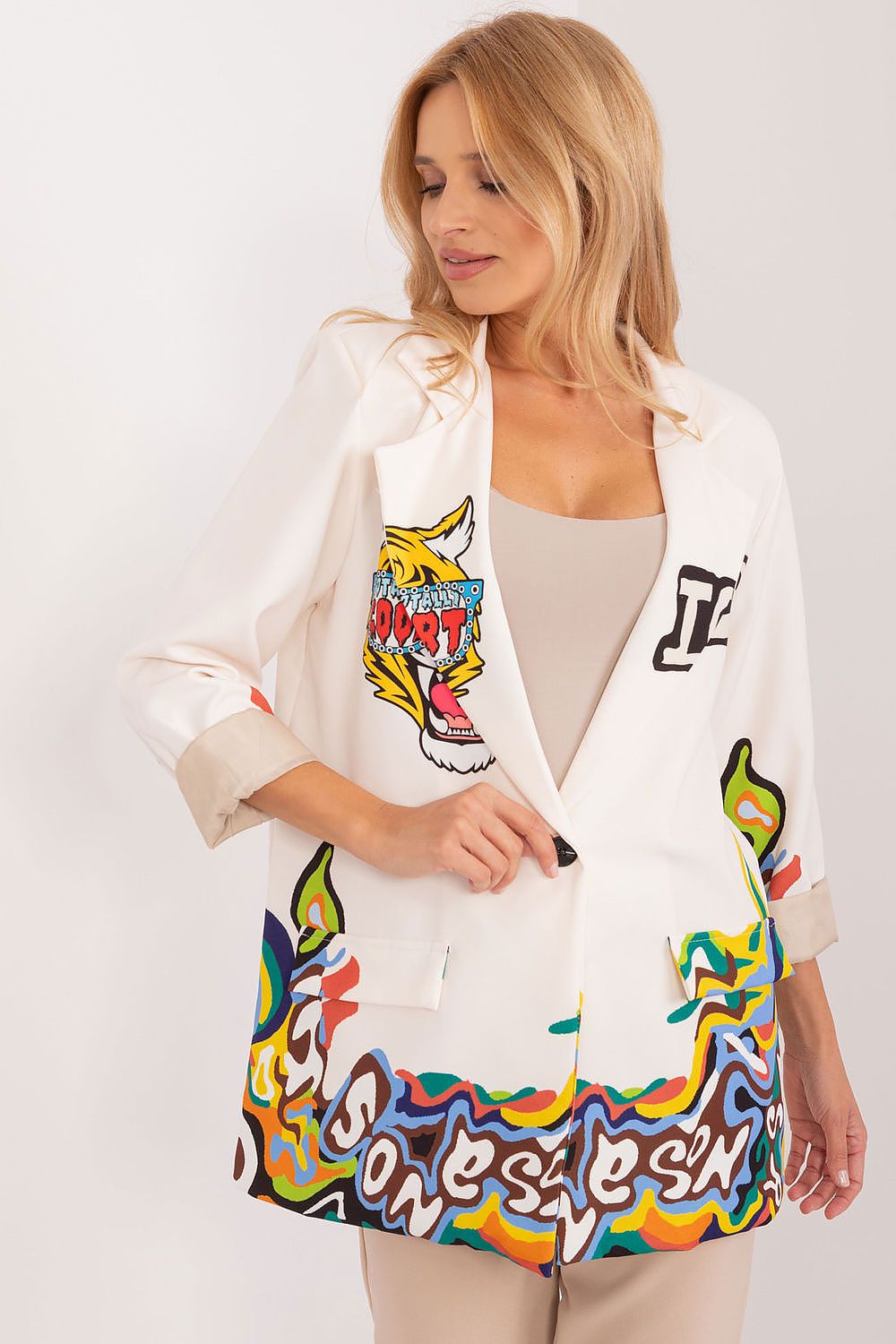 Floral Jacket Italy Moda Denim-Look Blazer beige 3 one-size-fits-all