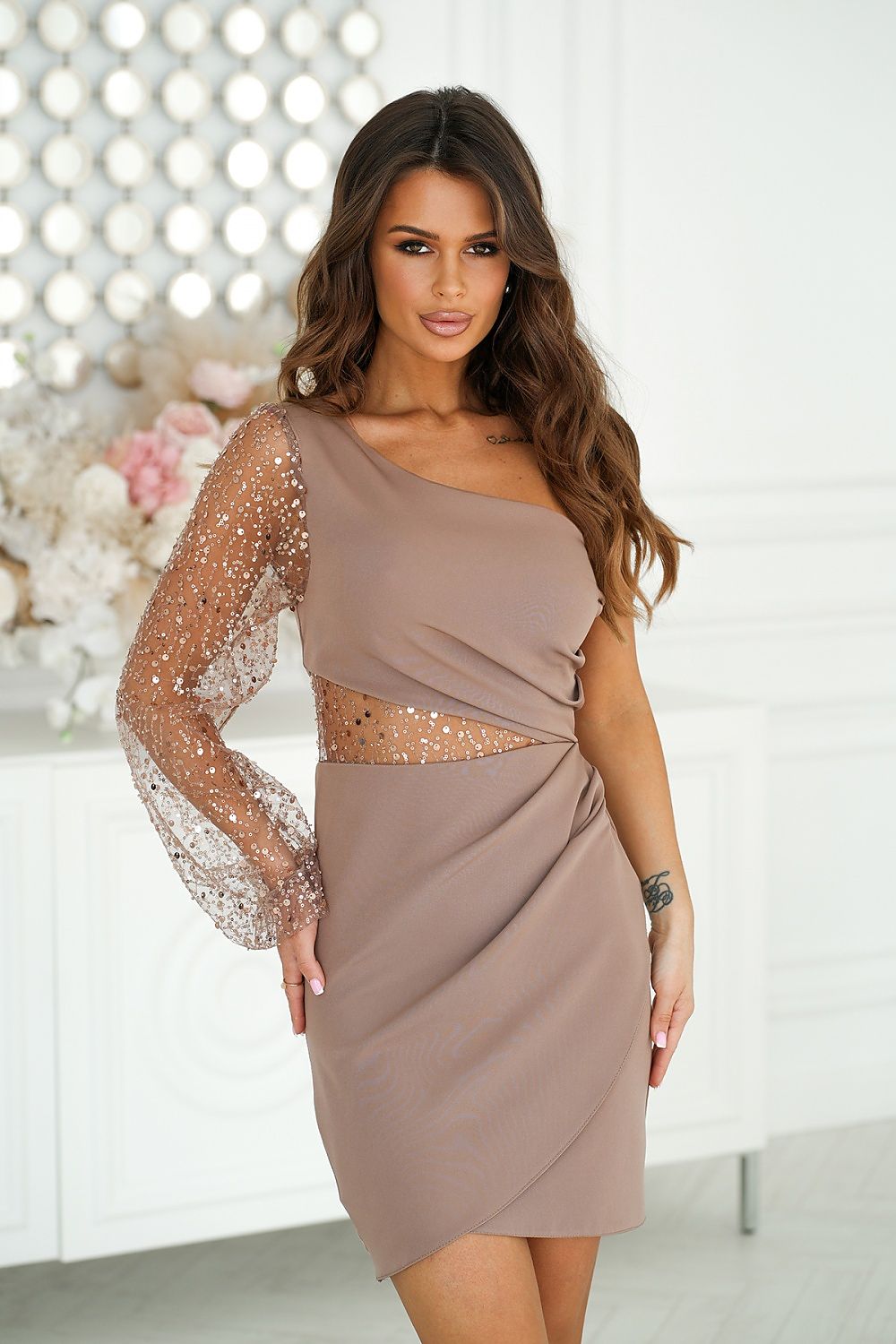 Bicotone Mini Sequin One-Shoulder Crinkle Dress brown