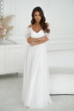 Bicotone Tulle Maxi Plunging Sleeve Belted Dress beige